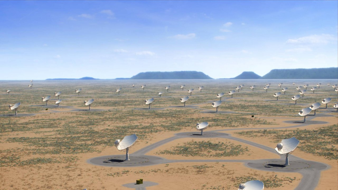Teleskope mit Empfängerschüsseln in regelmäßigen Abständen in Wüstenszenerie