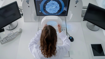 Person in einem Laborkittel vor einem Gerät der medizinischen Diagnostik