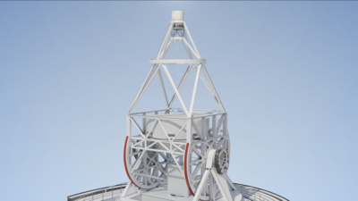 Visualisierung der Teleskopmontierung des European Solar Telescope: Eine offene, weiße Stahlkonstruktion trägt die Optik und ermöglicht ihre präzise Ausrichtung; große rote Zahnkränze steuern die Bewegung.
