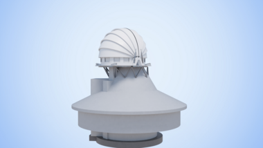 Visualisierung des European Solar Telescope im geschlossenen Zustand: Eine weiße zweiteilige Kuppel schützt das Teleskop, das auf einem erhöhten, runden Gebäudesockel steht.