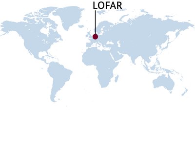 Weltkarte mit eingezeichneter LOFAR Zentralstation in den Niederlanden