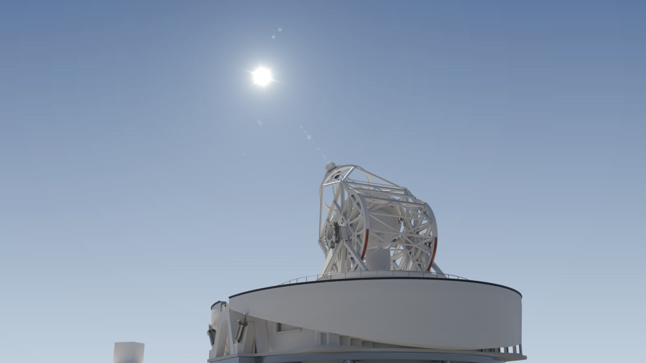 Visualisierung des European Solar Telescope: Das offen konstruierte Teleskop ist auf seiner runden Beobachtungsplattform zu sehen und auf die Sonne am klaren Himmel ausgerichtet.