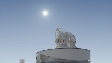 Visualisierung des European Solar Telescope: Das offen konstruierte Teleskop ist auf seiner runden Beobachtungsplattform zu sehen und auf die Sonne am klaren Himmel ausgerichtet.