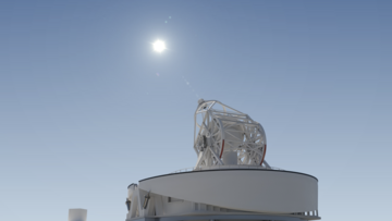 Visualisierung des European Solar Telescope: Das offen konstruierte Teleskop ist auf seiner runden Beobachtungsplattform zu sehen und auf die Sonne am klaren Himmel ausgerichtet.