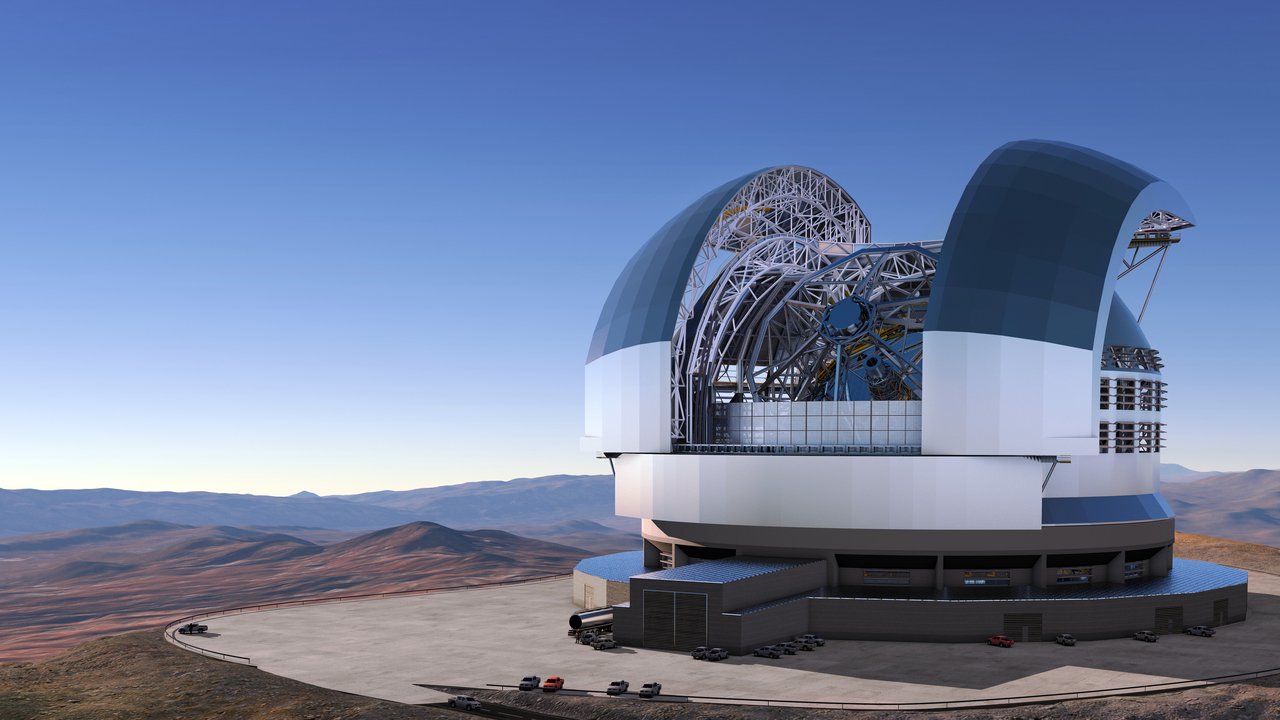 Illustration des Teleskopgebäudes mit geöffneter Kuppel auf einem Berggipfel in der Wüste