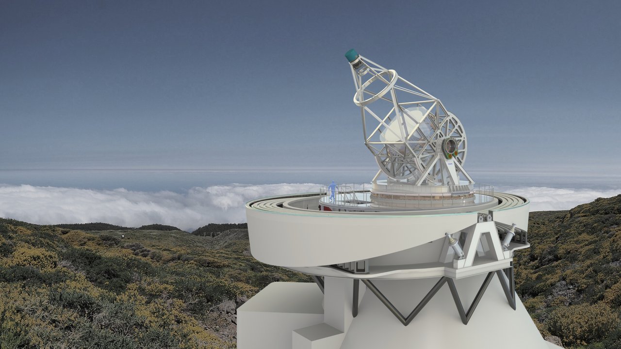 Visualisierung des European Solar Telescope am geplanten Standort auf La Palma: Das große, offene Teleskop steht auf einer runden Plattform über einer vulkanisch geprägten Landschaft und richtet sich in den wolkenlosen Himmel.