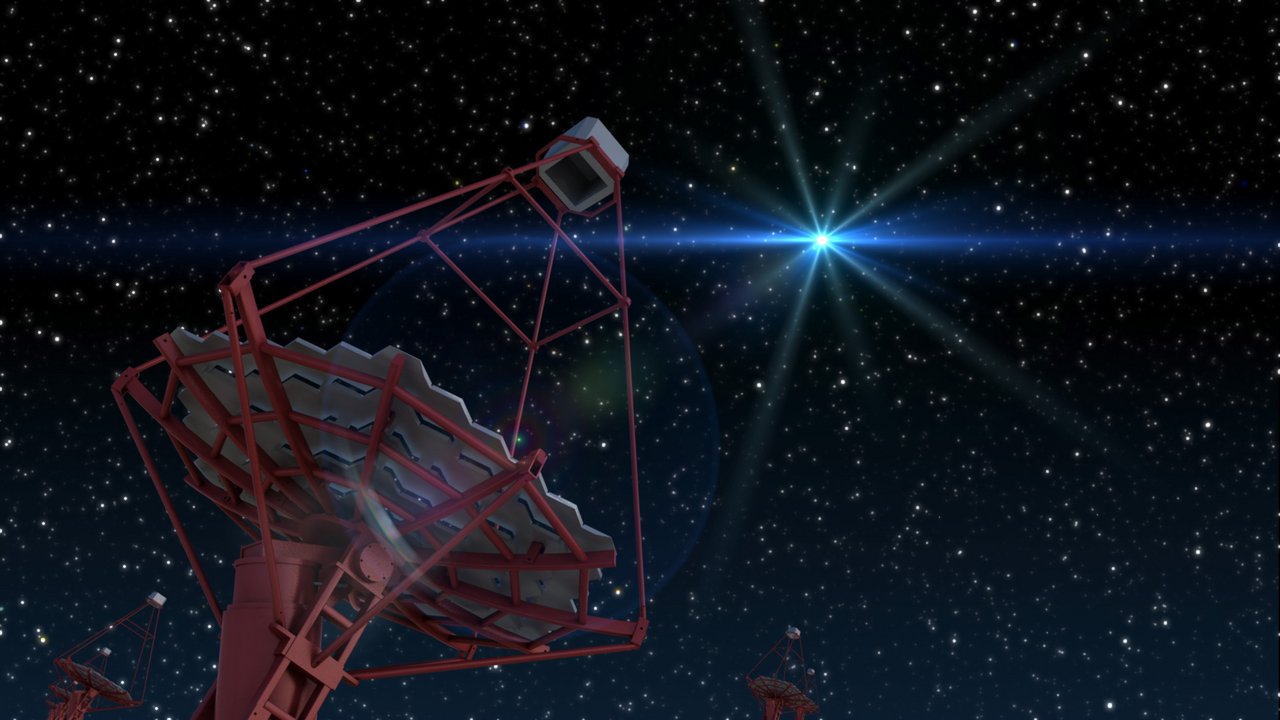 Illustration einer Antennenschüssel unter einem Sternhimmel, an dem ein Lichtblitz aufleuchtet