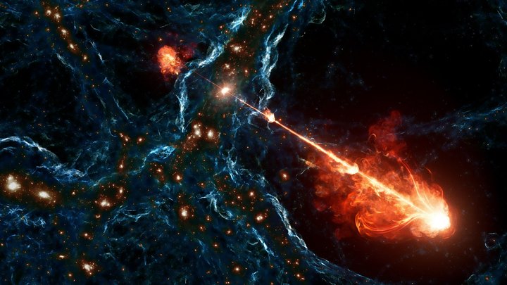 Einige helle Punkte auf dunklem Hintergrund mit wabernder heller Struktur. Ein heller Strahl erstreckt sich nach links oben aus einem einzelnen Punkt heraus